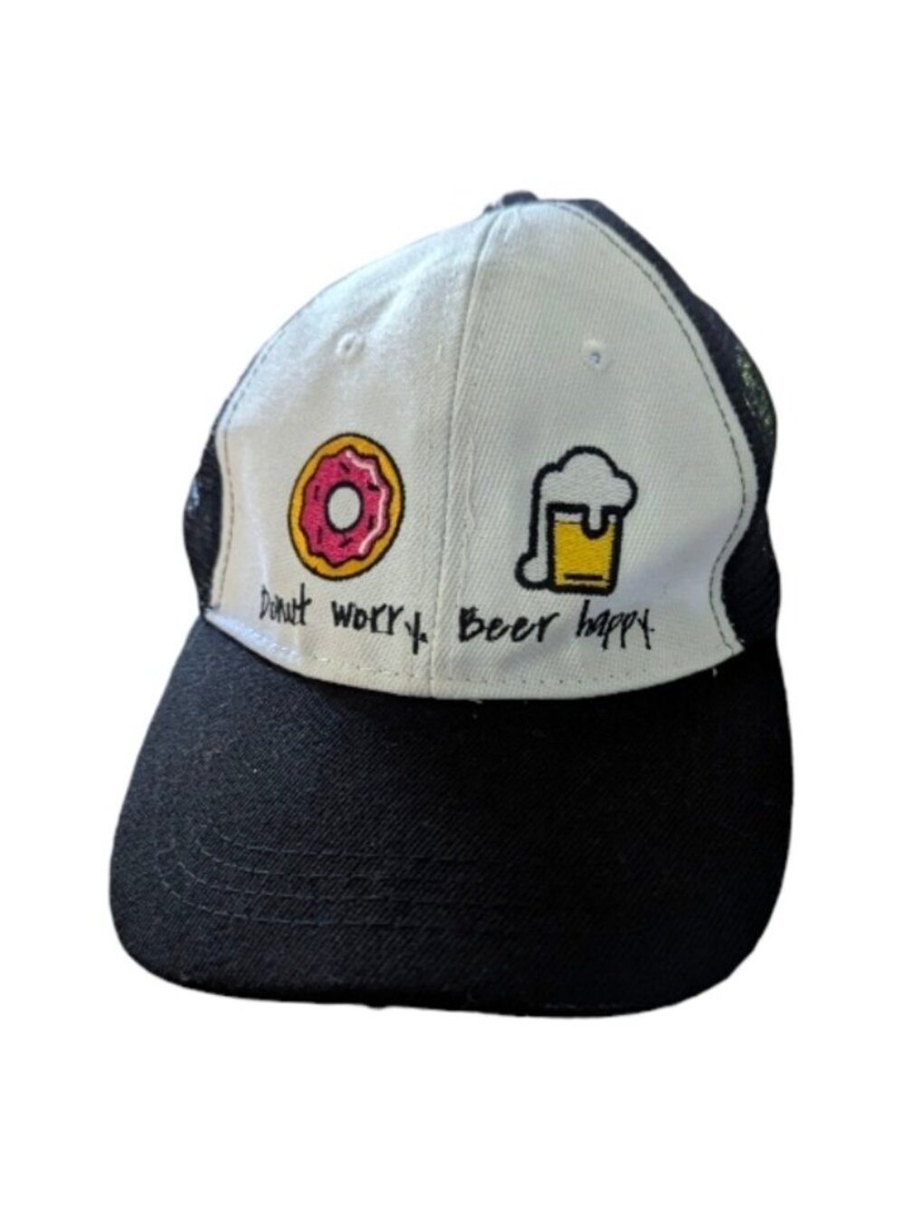 NWOT Donut Worry Beer Happy Black and White Trucker Hat